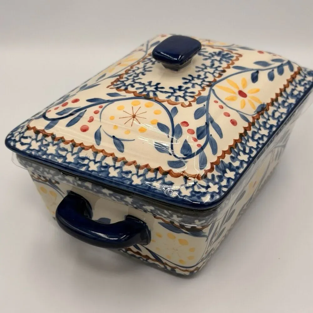 Sterling Home La Dolce Vita Covered Casserole Dish 1 Qt Blue Floral Stoneware